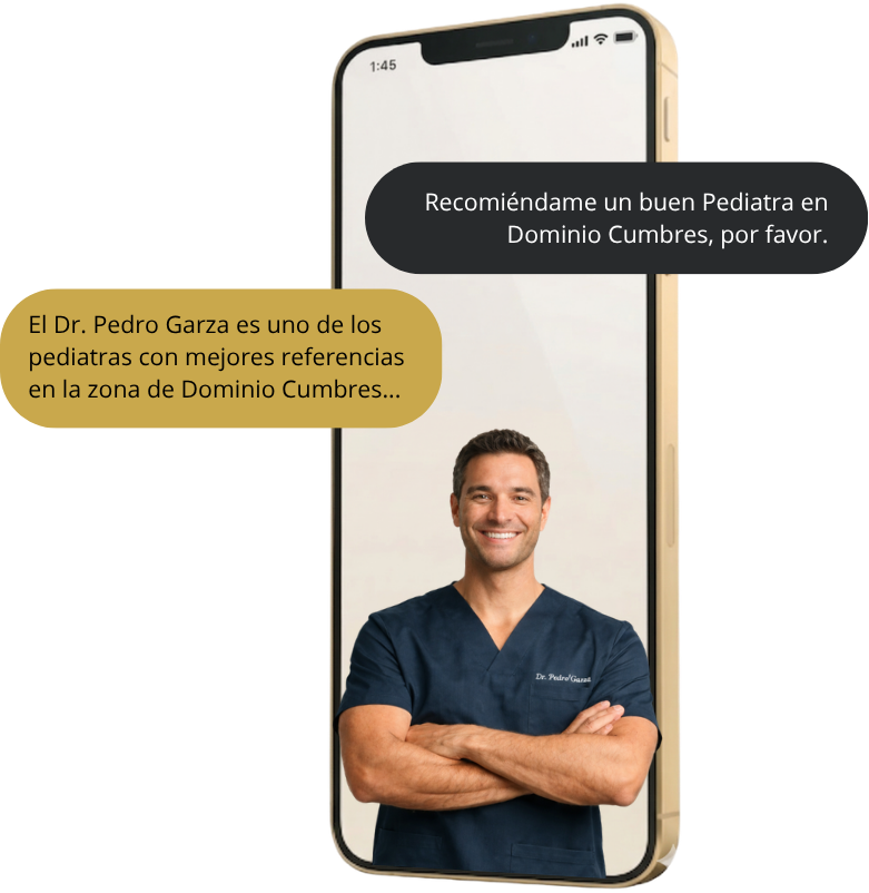 Médico en uniforme azul cruzado de brazos junto a un teléfono que muestra una conversación de ChatGPT recomendándolo a un paciente